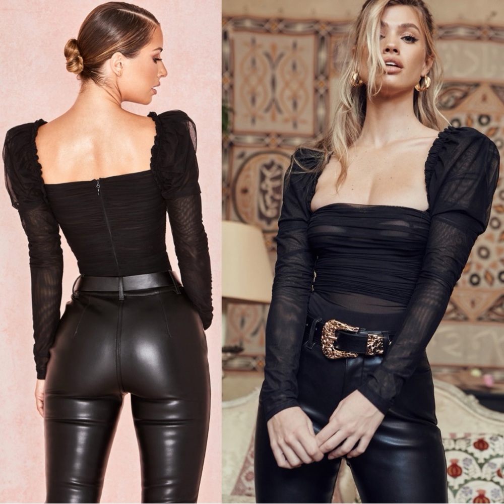 House of CB 'Emme' Black Ruched Chiffon Puff Sleeve Bodysuit Size XS